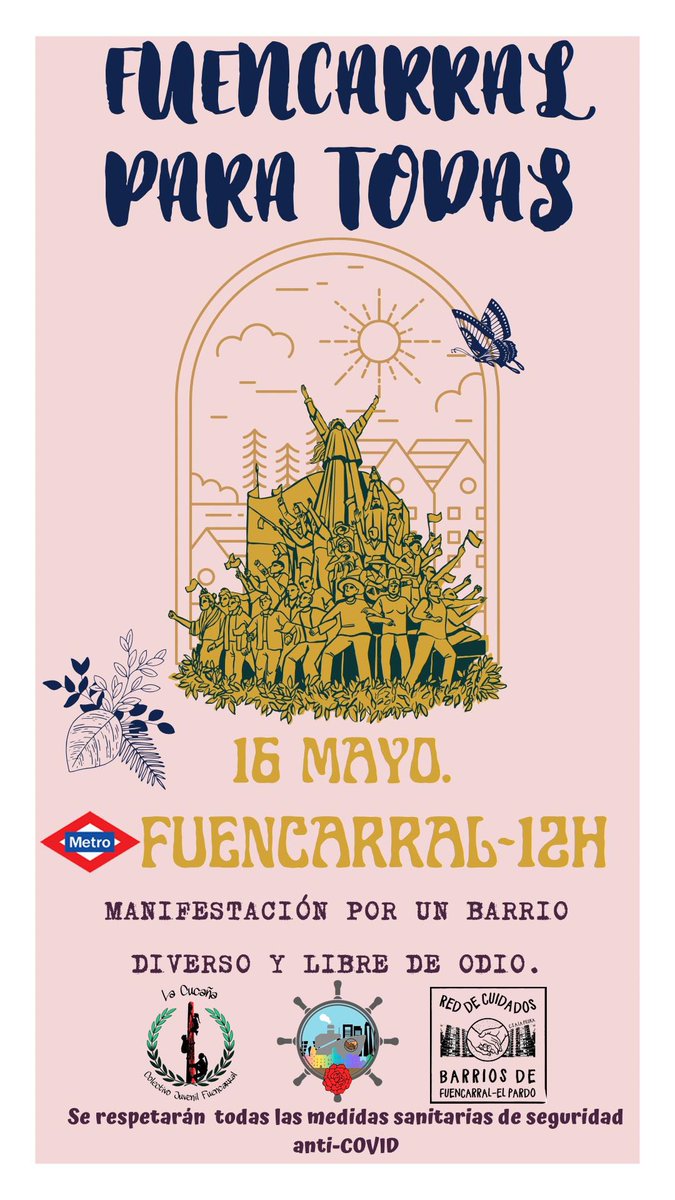 ¡EL PRÓXIMO DOMINGO 16 TOMAMOS NUESTRAS CALLES, PORQUE FUENCARRAL ES DE TODXS POR MUCHO QUE LES PESE A LOS NEONAZIS QUE PRETENDEN SEMBRAR ODIO Y VIOLENCIA!
¡ACUDE Y DIFUNDE!