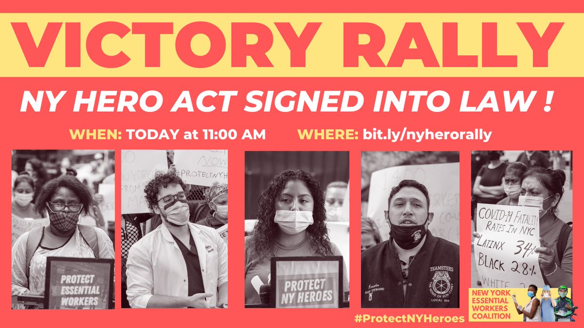 VICTORY! #NYHERO Act signed into law!

Join the NY Essential Workers Coalition to celebrate a year-long fight for protections & a voice in the workplace

NY is now stronger & better prepared to #ProtectNYHeroes with the NY HERO Act!

RSVP: bit.ly/nyherorally