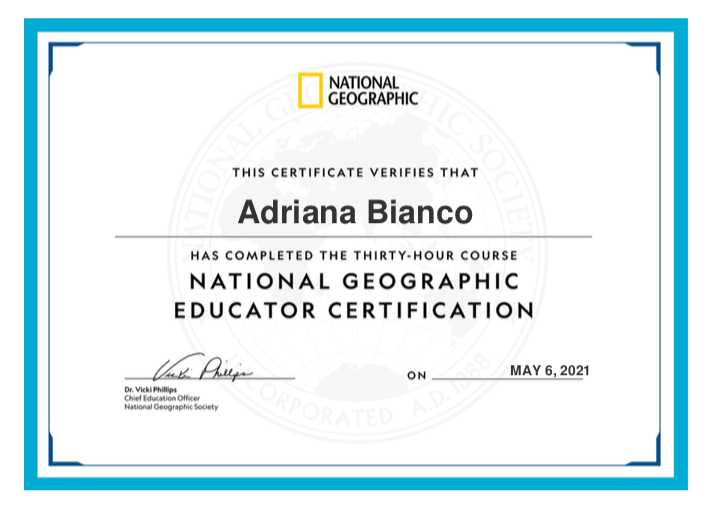 Excited to celebrate #TeacherAppreciationWeek2021 by officially becoming a #NatGeoCertifed educator! I learned SO much from this course and am excited to apply what I learned! Next up, a #GrosvenorTeacherFellowship?🤞