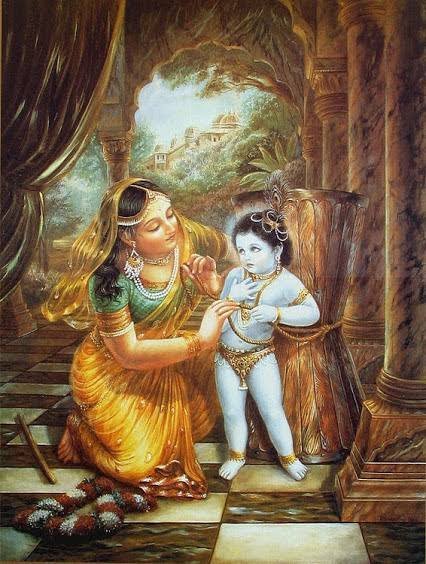 Bhagwan Krishna was a very naughty child.Yashoda being fed up by pranks of Krishna tied him to a mortar/ural with a rope after a great  http://struggle.So  Krishna is called as Damodara- दाम(dam) means-rope,उदर (udara)means stomach. Later,Yashoda goes inside to do her work.