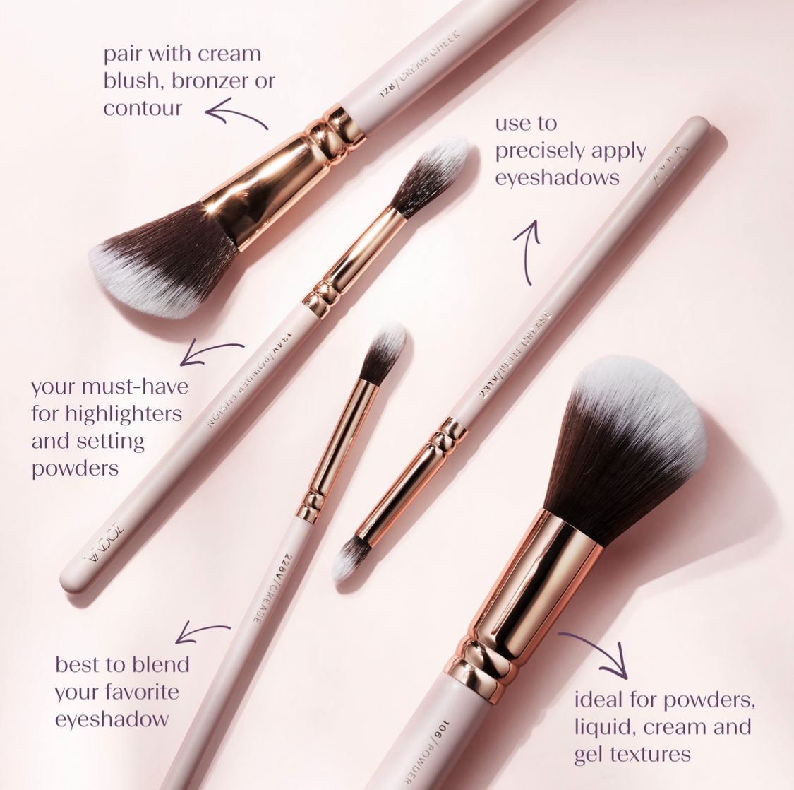All of the brushes in our Together We Shine Brush Set are made with pure synthetic hair and easily apply liquid, gel, cream and powder textures for a seamless and blended look. 

#TogetherUnique #ZOEVA #vegan #ZOEVAcosmetics #TrustTheBrush