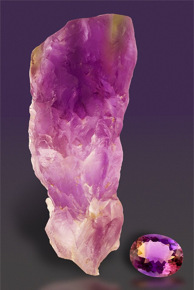 Ametrine is incredibly pretty quartz. The purple is amethyst (quartz with gamma-irradiated trace iron) & the yellow is ferruginous quartz (NOT citrine). Ru Smith, Brian Kosnar, mirakajminerals, Kuno Stoeckli