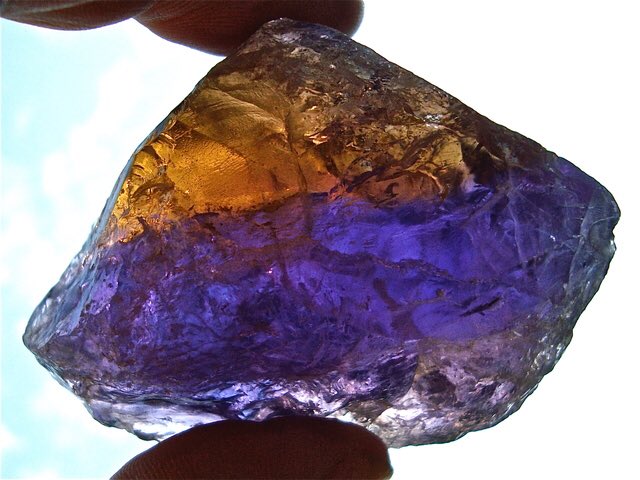 Ametrine is incredibly pretty quartz. The purple is amethyst (quartz with gamma-irradiated trace iron) & the yellow is ferruginous quartz (NOT citrine). Ru Smith, Brian Kosnar, mirakajminerals, Kuno Stoeckli