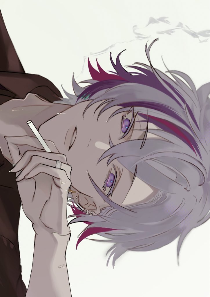 1boy male focus purple eyes solo purple hair cigarette holding cigarette  illustration images