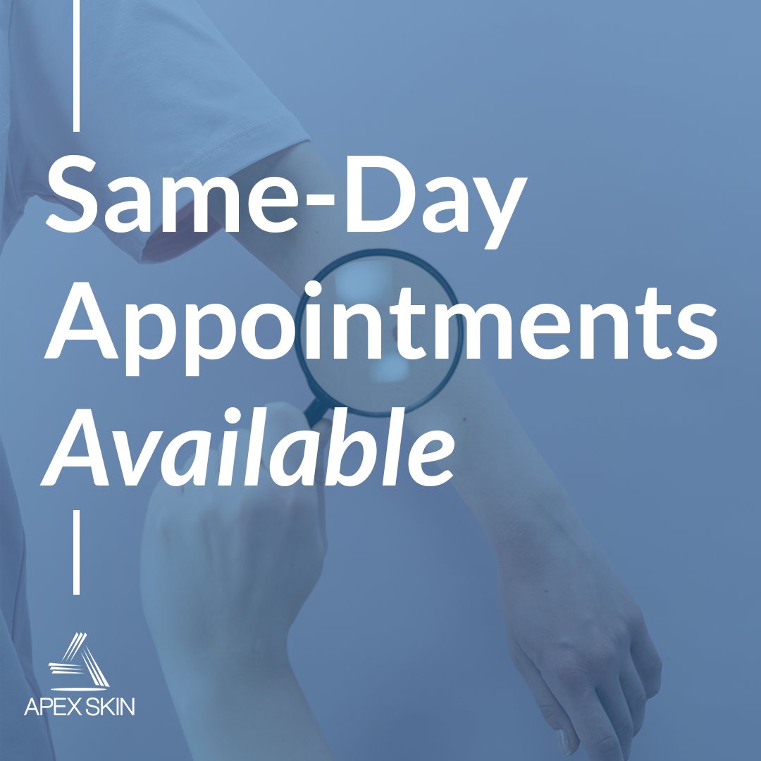 At Apex, we always offer quick access to expert dermatology care. If you are having a skin issue, no need to delay!  

Common skin conditions we treat are:
-Rashes
-Eczema
-Psoriasis
-Skin Cancer
-Acne
-Warts
-Scarring
-And so much more! 

#samedayappointments #dermatology