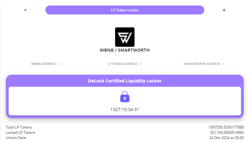 SmartWorthToken's tweet photo. The liquidity pool was LOCKED until;
December 24, 2024. π
#SmartWorthToken
#DigitalEcosystem https://t.co/2pZdm2nseu
