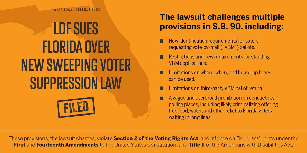 Our lawsuit challenges the following provisions in  #SB90: New ID requirements for vote-by-mail (VBM) ballotsNew restrictions on VBM Limitations on when, where, and how drop boxes can be used Criminalization of offering free food and water to voters in line.