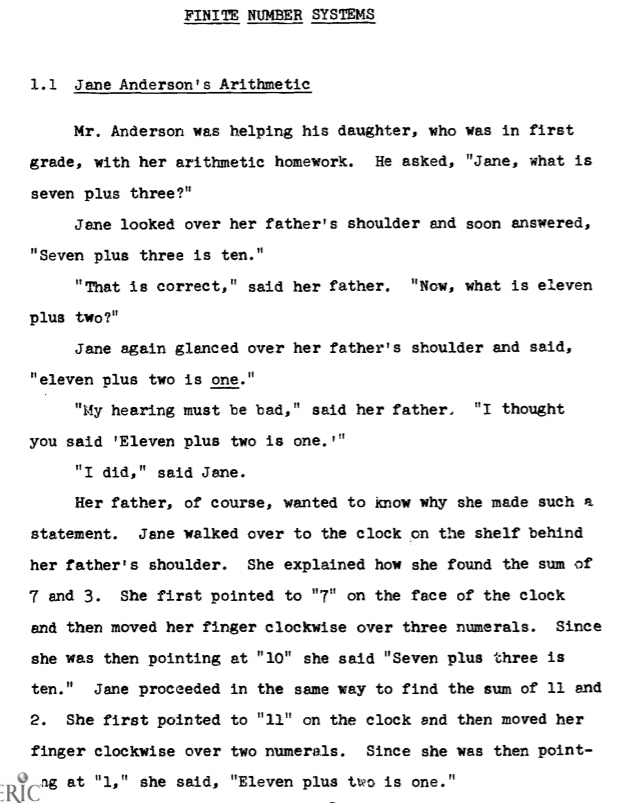 You might be puzzled about the title of section 1.1, "Jane Anderson's Arithmetic". Submitted without editorial comment.(11/14)