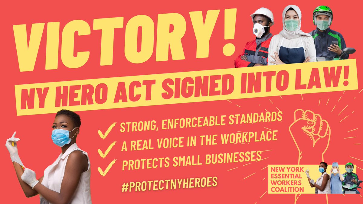 BIG: #NYHERO Act is signed into law! 

NY establishes the first permanent airborne infectious disease standard in the country! A huge win for health and safety for all New Yorkers:
✅Worker Protections
✅Stronger Voice in the Workplace
✅Protects Small Biz

#ProtectNYHeroes