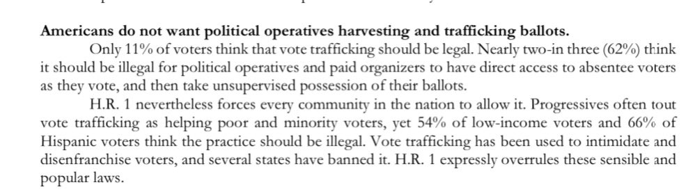 Ballot harvesting! Media is accepting the left’s argument that preventing paid political operatives from collecting ballots (unsupervised) is voter suppression. It’s not. Ballot harvesting (trafficking) is wildly unpopular and FL was smart to limit it https://www.honestelections.org/wp-content/uploads/2021/03/Memo-on-Voters-and-Elections.pdf