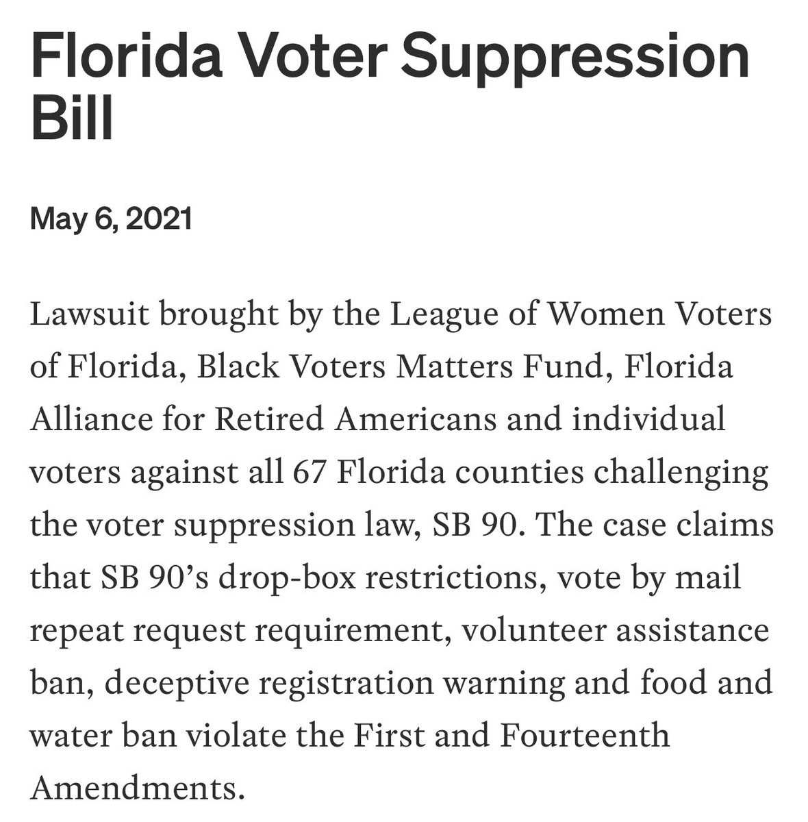 Disgraced Democrat lawyers have already begun filing their (incredibly thin) lawsuits, focused on misrepresenting these provisions. Drop box changes  Requiring a request for mail ballots  Limiting ballot harvesting  “Food and water ban” https://www.democracydocket.com/cases/florida-voter-suppression-bill/