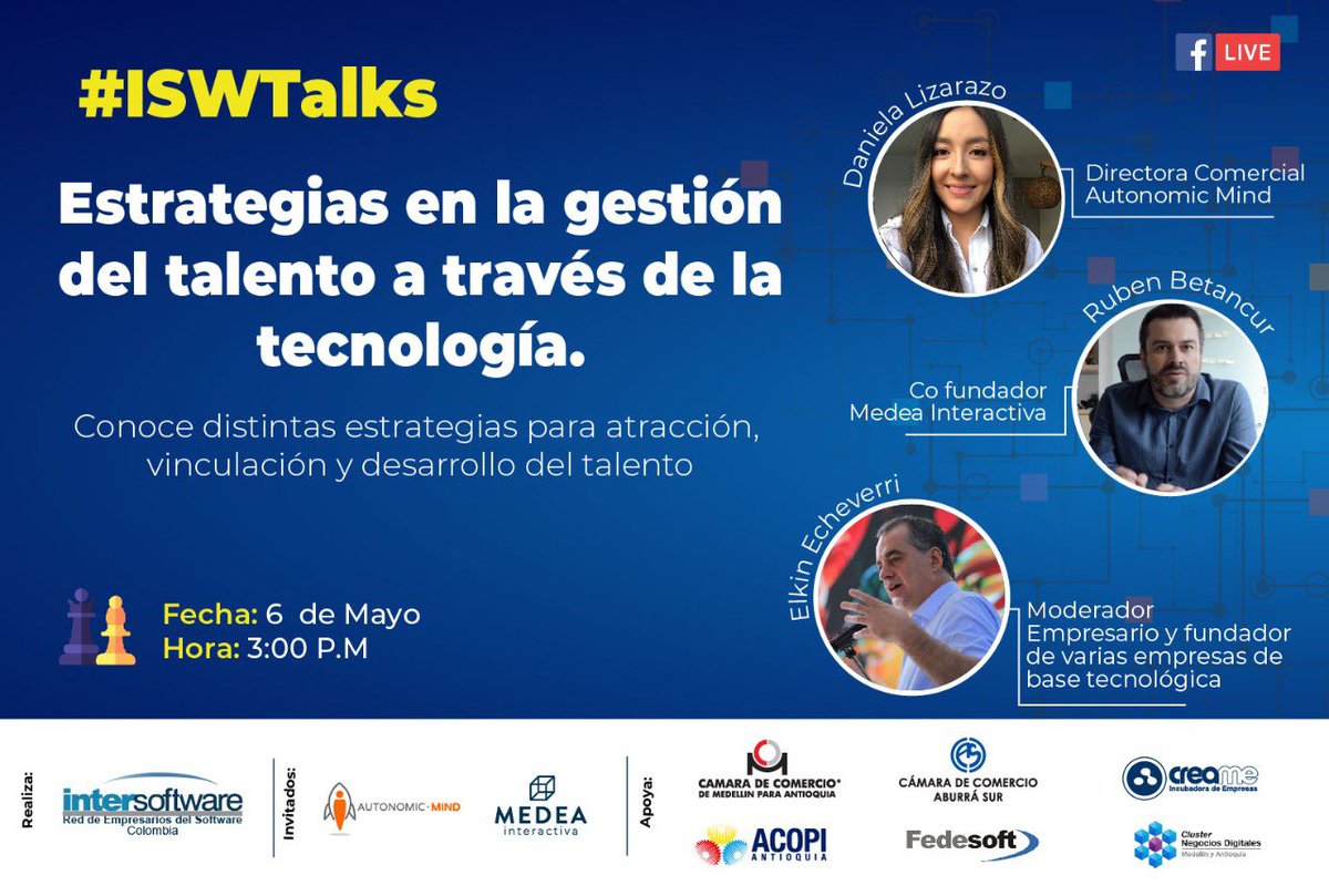 CocrearP's tweet image. ✴ Mañana el primer #ISWTalks del año, ¿ya estás inscrito?

Conectemos con @Autonomic_Mind, Medea Interactiva y @eecheverri, para conocer estrategias empresariales para gestionar el talento humano a través de la tecnología. @InterSoftwareCo

Inscripción: bit.ly/3vrzyme