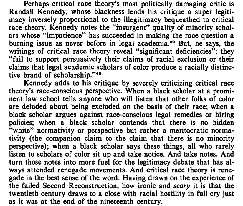 For folks who don't know, Randall Kennedy was the first scholar to publish a full-throated critique of CRT. He and Derrick Bell were colleagues at Harvard for some time. Bell took his criticism seriously, but also noted how politically damaging it was to the movement: