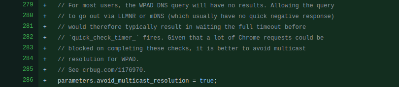 Is anyone still seeing wpad resolved through LLMNR/mDNS with chrome/edge? My Windows 10 lab systems are trying to resolve through DNS only now. It may be related to this bugs.chromium.org/p/chromium/iss…
