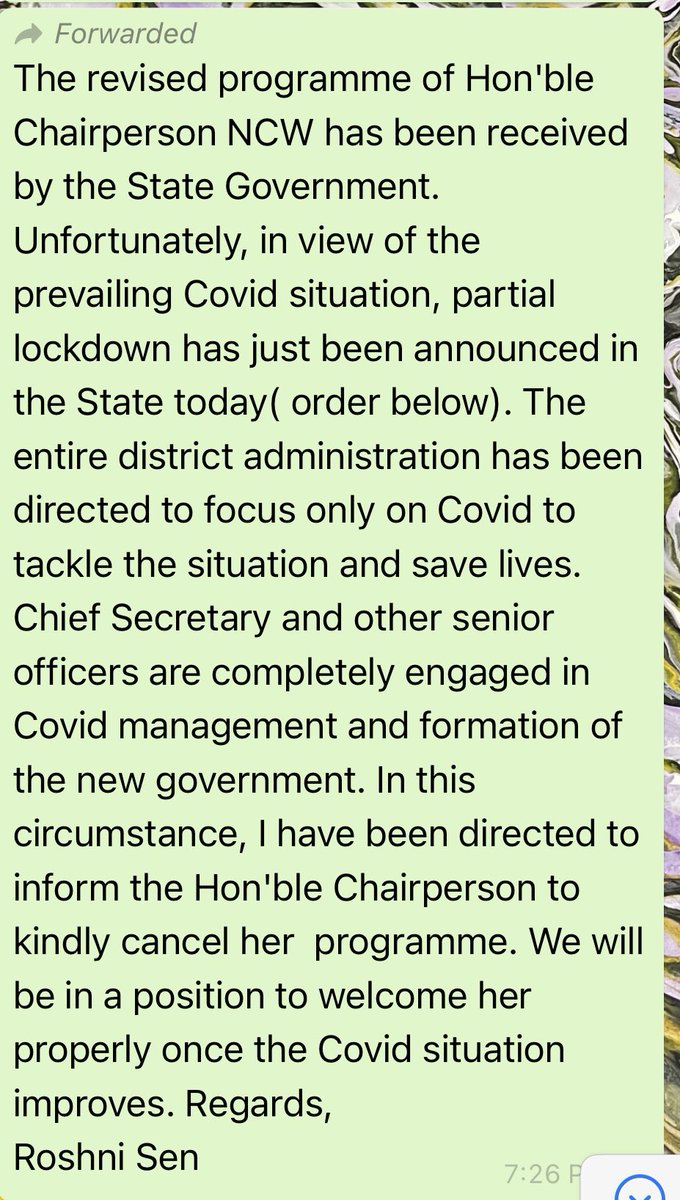 Yesterday I extended my visit to Kolkata for a day but state Gov. Didn't want me to, so they sent this message  to me as if I  was here for a pleasure trip. In this 2 days trip met many women, saw so much pain in their eyes and recorded horrible stories. #WestBengalViolence