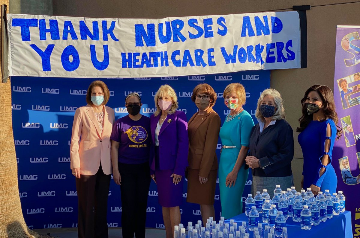 SenJackyRosen's tweet photo. Great to be with @FLOTUS, my Nevada Congressional colleagues, and @SEIU this morning at @UMCSN to thank our nurses and health care workers during #NationalNursesWeek. 

We owe them a debt of gratitude for their tireless work taking care of us during the pandemic. https://t.co/PDXDvh6ggd