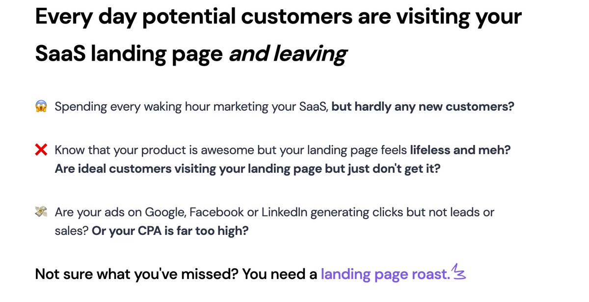 In fact, adding a 'pain' element to the  http://roastmylandingpage.com  landing page increased conversion by 40%