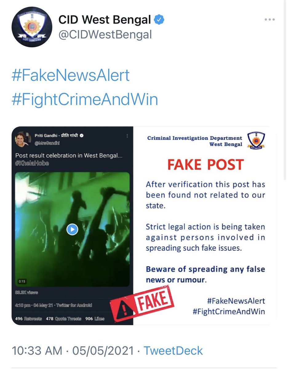 The video was shared by several prominent BJP members and supporters. BJP’s Priti Gandhi deleted it several hours after Kolkata Police and CID West Bengal called out the fake news and threatened to take action. It is still available on timeline of another BJP office bearer. 4/n