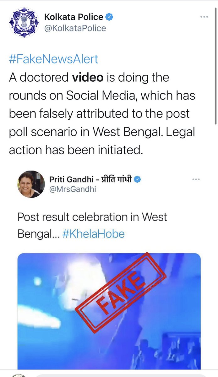 The video was shared by several prominent BJP members and supporters. BJP’s Priti Gandhi deleted it several hours after Kolkata Police and CID West Bengal called out the fake news and threatened to take action. It is still available on timeline of another BJP office bearer. 4/n