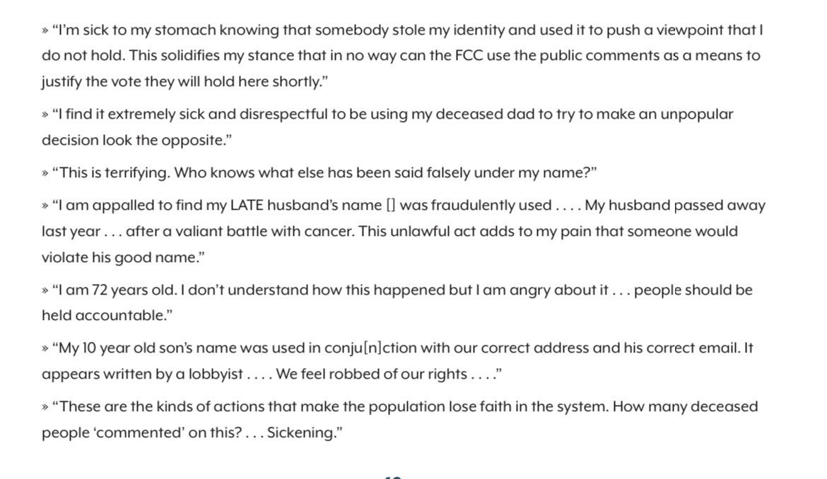 Statements from victims of impersonation in the fake comment scheme:- “I am appalled to find my LATE husband’s name was fraudulently used... My husband passed away last year...after a valiant battle with cancer.”