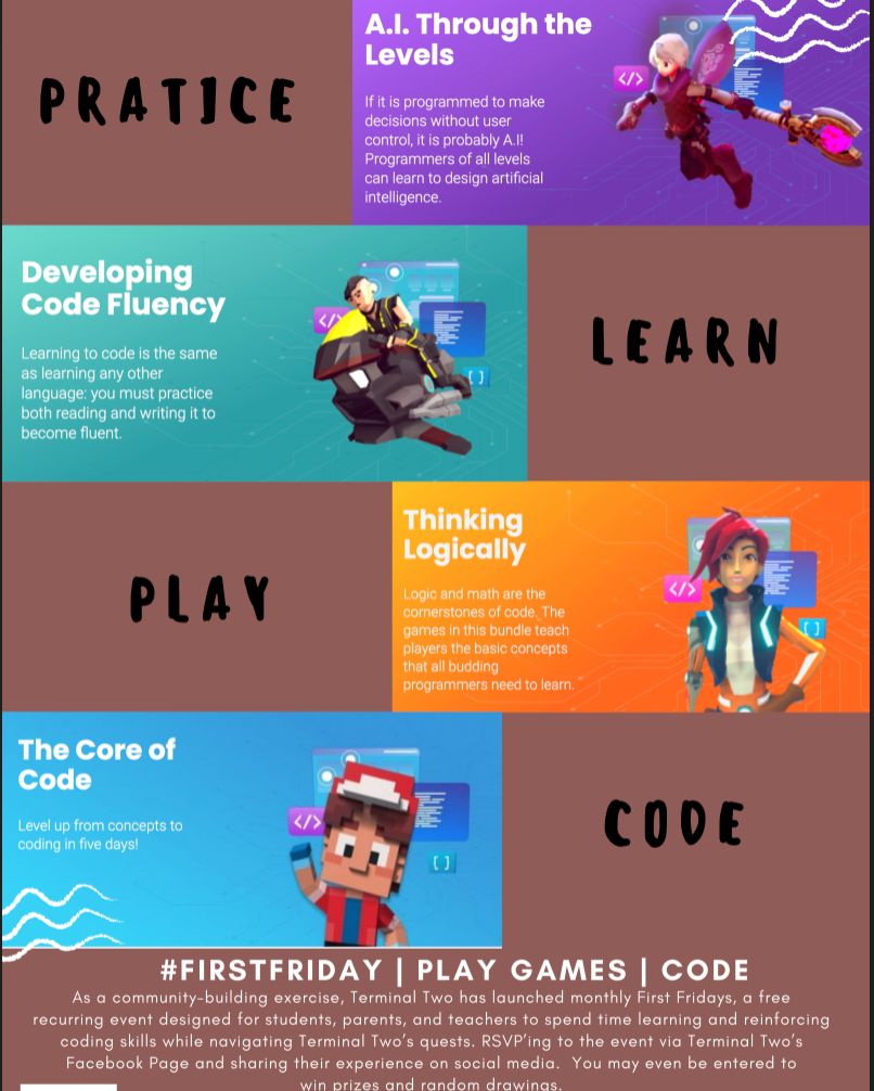 TerminalTwo's tweet image. Do you need to practice your coding skills? 
Are you ready to learn more?
Don't miss #FirstFriday Play & Learn! 
 👉🏽  facebook.com/terminaltwogam…
#practice #code #learn #play