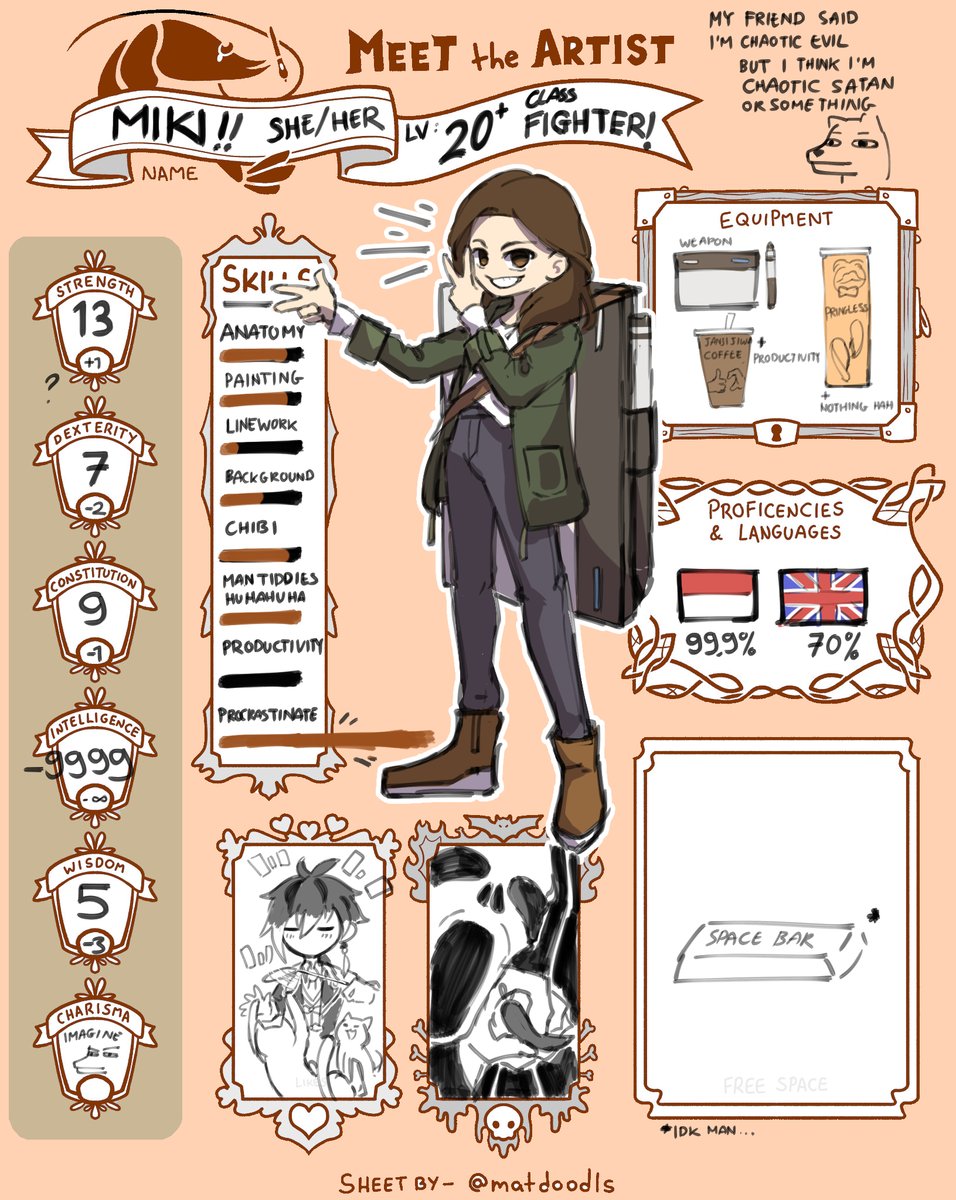 #MeetTheArtist 

//hold mic// Thank you for our Matjisan (@matdoodls) from his sweats, blood, and muscles so this template is exist.

but anyway, Name's Miki, a fighter who can yeet her tablet for Crit Hit 