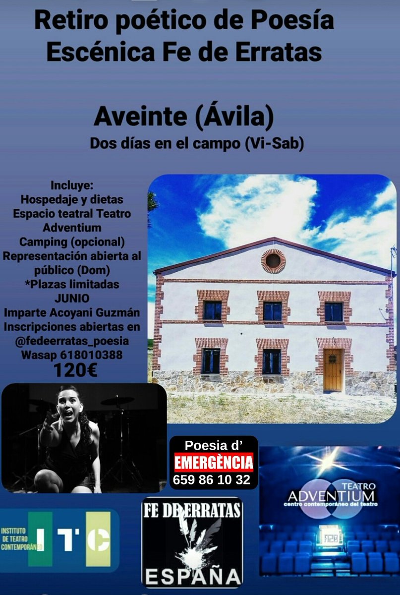 Una oportunidad imperdible de poemar, aprender, crear y descansar
#poesia #poetry #poetas #teatro <a href="/circulodepoesia/">Círculo de Poesía</a> <a href="/PoesiaNomada/">Poesía Nómada</a> <a href="/PoesiaYRelatos/">Poesía y relatos</a> <a href="/BCNSlam/">Poetry Slam Barcelona</a> <a href="/PoetrySlamSpain/">Poetry Slam España</a> <a href="/poetryslamovi/">Poetry Slam Oviedo</a> <a href="/slamvalladolid/">PoetrySlamValladolid</a> <a href="/PoetrySlamMadri/">Poetry Slam Madrid</a>