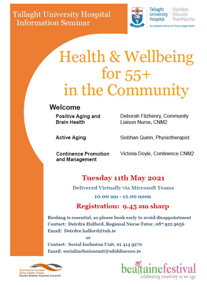 #TallaghtUniversityHospital is delivering a 2 hour class on Health & Wellbeing for 55+ in the Community, as part of the South Dublin Co. Co. #BealtaineFestival on Tuesday 11th May 2021. This class will be Delivered Virtually via Microsoft Teams from 10.00 - 12.00....