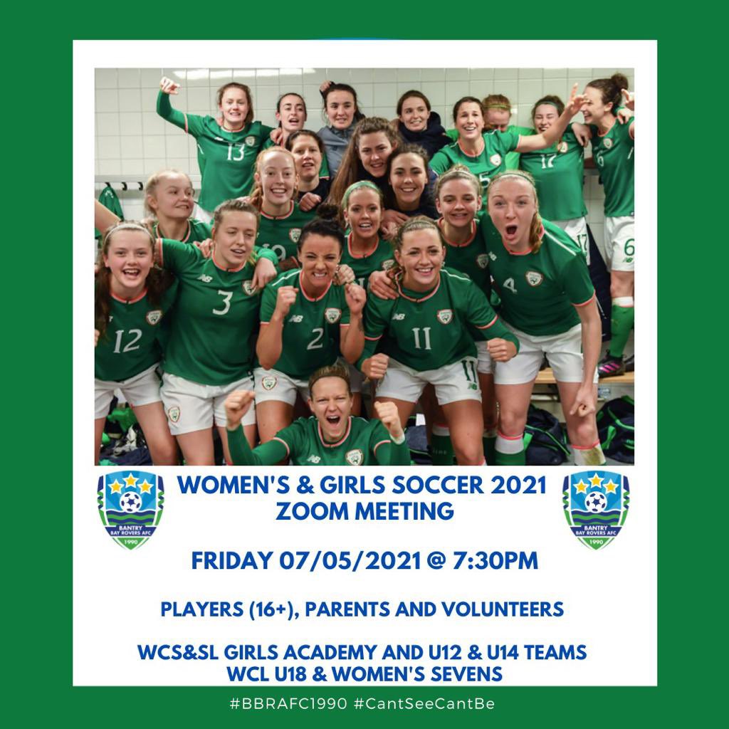 Bantry Bay Rovers (@bayroversbantry) on Twitter photo Our Zoom Meeting for Women’s & Girls’ Soccer 2021 takes place Friday 07/05/2021 at 7:30PM. Contact any club official or coach for meeting details and link. Our Zoom Meeting for Women’s & Girls’ Soccer 2021 takes place Friday 07/05/2021 at 7:30PM. Contact any club official or coach for meeting details and link.