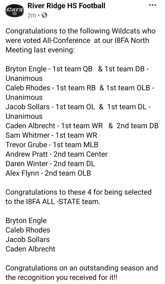 Congratulations to these Cats on their nomination to the All-Conference Team in <a href="/Illinois8Man/">Illinois 8-Man Football Association</a> and the 4 gentlemen who made All-State!