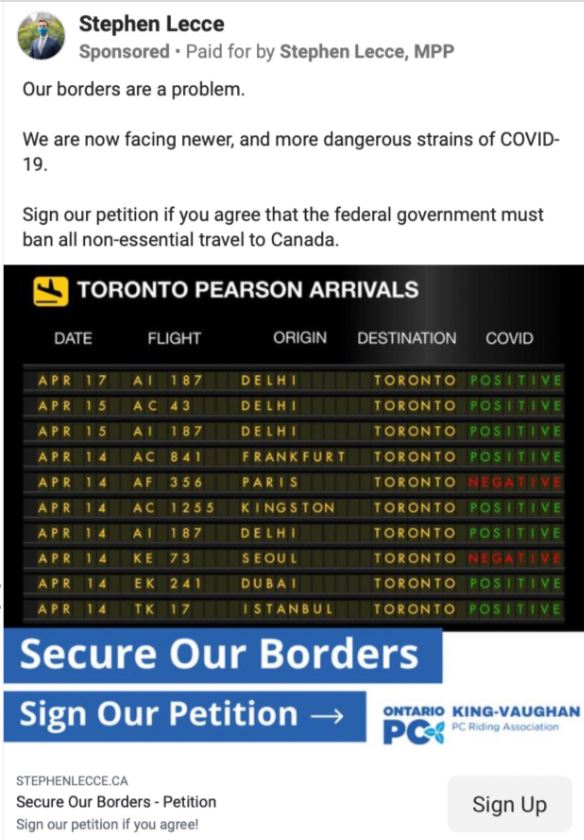 Here's the education minister asking people to sign a petition calling on the feds to "ban all non-essential travel to Canada." (Non-essential travel to Canada by foreigners has been banned since March 2020.)  #cdnpoli  #onpoli