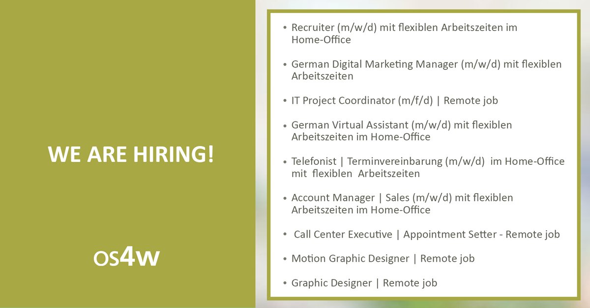 O4W_Germany's tweet photo. We are #Hiring!
▪ Recruiter
▪ German Digital Marketing Manager
▪ IT Project Coordinator
▪ German Virtual Assistant
▪ #Telefonist | Terminvereinbarung
▪ Account Manager
▪ Call Center Executive
▪ Motion Graphic Designer
Apply Now: https://t.co/kQXKv7Alm6
#HIRINGNOW https://t.co/U3x3c4BXtX