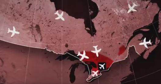 In the  @OntarioPCParty ad, a blood-red stain spreads across Ontario as the airplanes converge on Toronto.