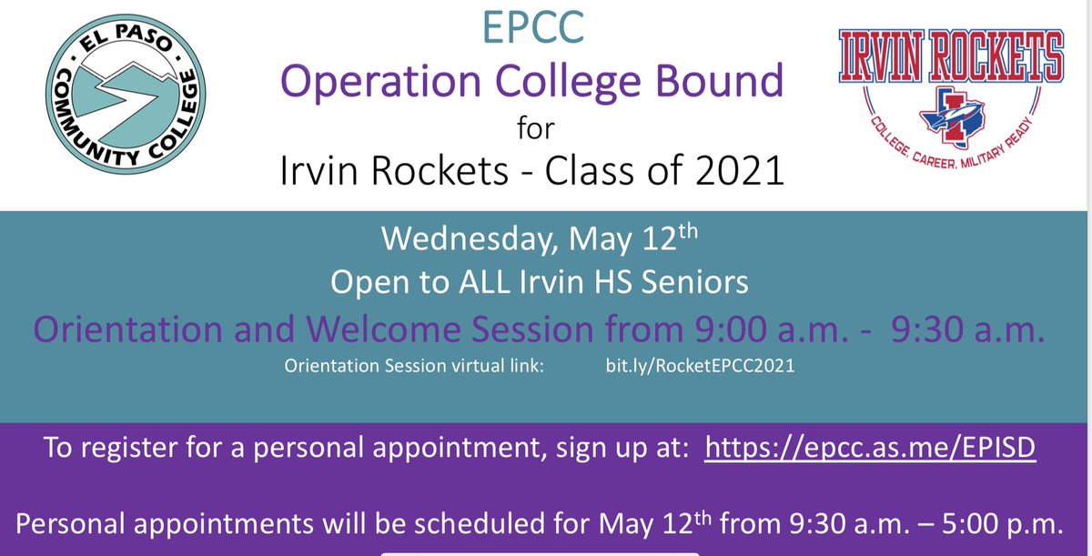 RocketGoCenter's tweet photo. 🚀 @irvinrockets21 EPCC will be hosting virtual OCB on 05/12, sign up for your personal appointment TODAY! ➡️ https://t.co/Bo5wwIgCIs  @EPCCNews @epccnso https://t.co/enboHLIdG8