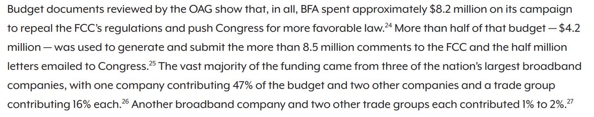 NY's AG found that the entire fake net neutrality comment campaign was spearheaded by Broadband for America ( @broadband4us), a non-profit lobbying vessel funded by the nation's biggest broadband providers.It spent $4.2 million, nearly half its budget, on the effort: