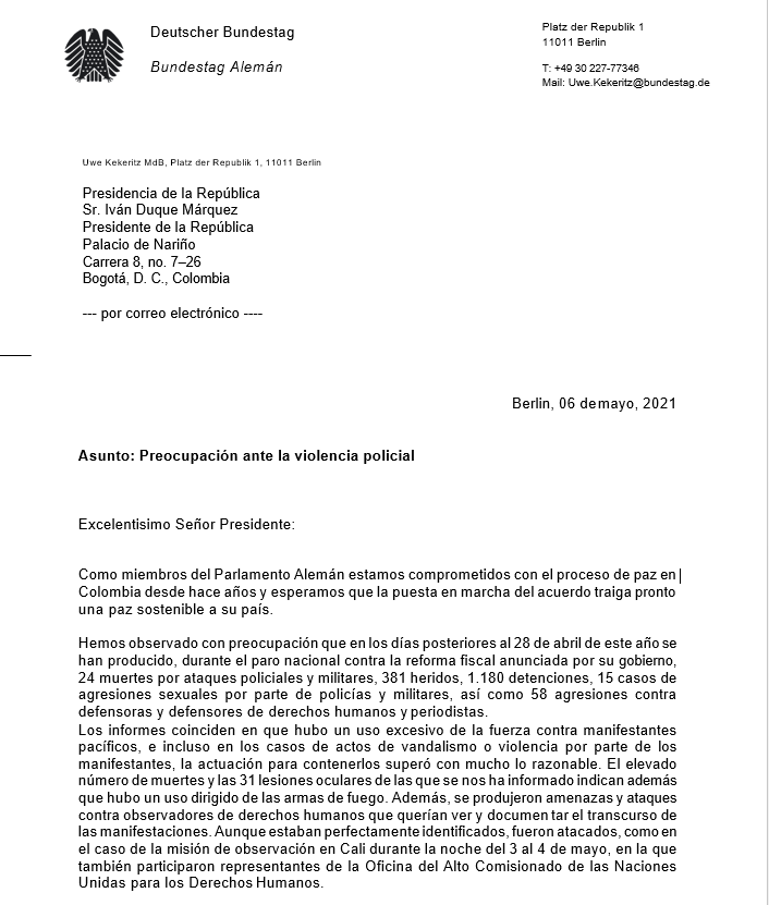 cjlibertad's tweet photo. #LoÚltimo Parlamento Alemán envía carta a @IvanDuque por preocupación ante la violencia policial. 
"Los informes coinciden en que hubo un uso excesivo de la fuerza contra manifestantes...  la actuación para contenerlos superó con mucho lo razonable"
Lee 👇
https://t.co/iiQO9EFXa5 https://t.co/El6vUZsIuV