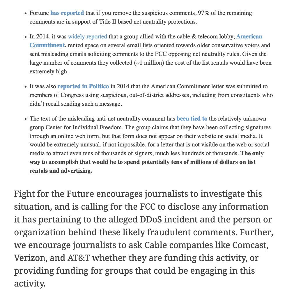 Here's a few screenshots from one of our early posts on this summarizing the research we had done on the fake comments and encouraging lawmakers and journalists to investigate. Ajit Pai's FCC repeatedly ignored this issue & moved ahead with the repeal  https://tumblr.fightforthefuture.org/post/160771385833/the-fcc-cannot-move-forward-until-it-investigates