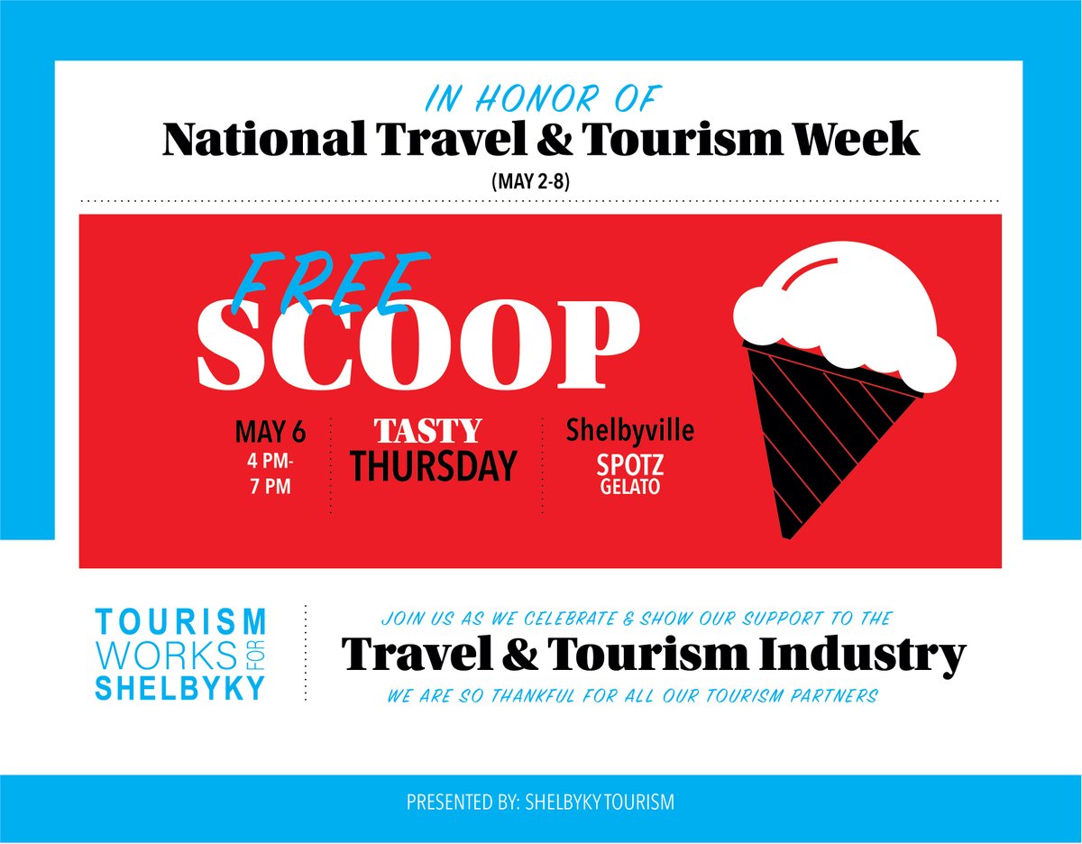 Join us at <a href="/SpotzGelato/">Spotz Gelato</a> today from 4-7pm for your FREE SCOOP as we continue to celebrate National Travel &amp; Tourism Week!!

#VisitShelbyKY #ShelbyKYEats #NationalTravelAndTourismWeek