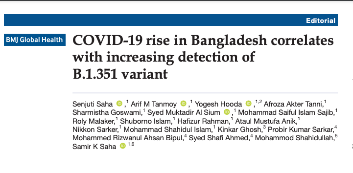 It's online! The latest COVID-19 surge in Bangladesh correlates with increasing detection of the B.1.351 variant -  @GlobalHealthBMJ We've been conducting genomic surveillance in Bangladesh since April 2020. Here, we report major changes in circulating SARS-CoV-2. 1/n
