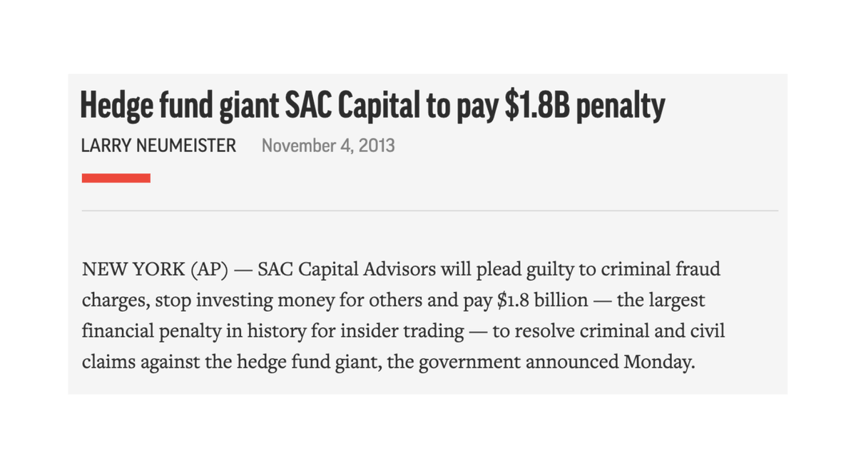 3/ The elephant in the room: some of the tactics described led to an insider trading scandal.SAC paid a $1.8B fine for it One of SAC's traders (Matthew Martoma) was sentenced to 9yrs in prison