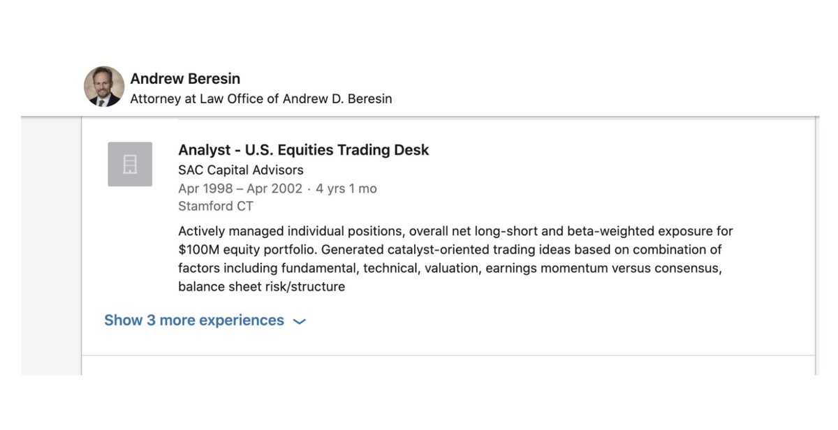 2/ The rundown of Cohen's trading tactics come from Andrew Beresin, who worked at Cohen's firm (SAC Capital Advisors) at the turn of the century. Beresin worked "four feet from Cohen" and has vidid memories of the experience.