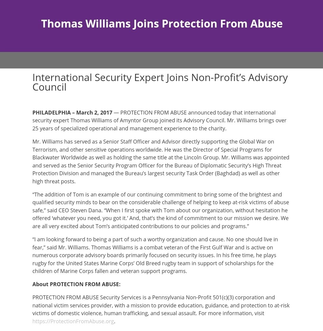 12/ 2017 press release announcing the addition of  #Doc Williams to advisory council of Protection From Abuse, a nonprofit security service, says he had previously served as director of special programs for  #Blackwater, private security co-founded by  #ErikPrince now known  #Academi