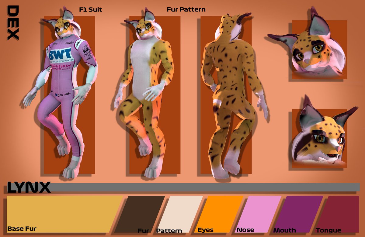 Ref Sheet created for the wonderful @ThatDexCat of his OC including his F1 Racing Lynx Gear.

If you are interested in a similar ref sheet feel free to send me a PM.

#Furry #furryart #3d #anthro #refsheet
