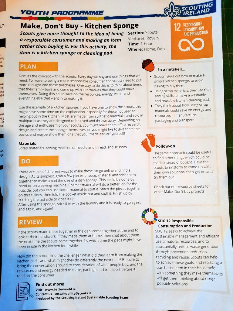 newryscouts's tweet image. Well done Daniel ⚜ who made this reusable kitchen sponge 🧽 during our virtual🎥 scout meeting ⚜ #virtualscouting #newadventures #skills4life #Scouts #SDG12 #StaySafeStayHome  @worldscouting @ScoutingIreland @SIYouthProg @GlobalGoalsUN betterworld.ie ⚜📽⚜🧽♻️⚜