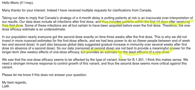 Before this gets out of hand... The first two weeks after a vaccine will include pre-vaccine infections PLUS the immune system takes some time. So "one-dose efficacy" can't be calculated without that info. A reporter can track down author's reported response? via  @supermarioelia  https://twitter.com/DrEricDing/status/1390107362485211136