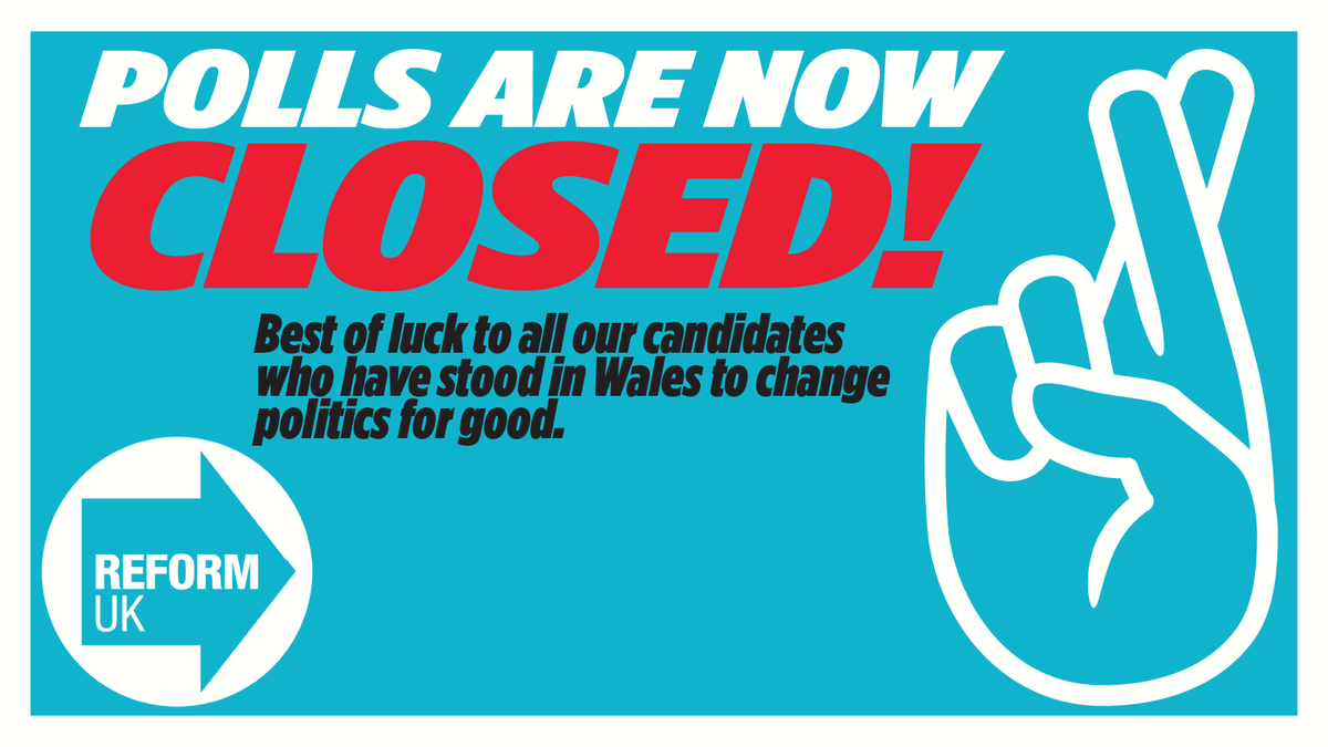 reformukwales's tweet photo. ‼️ POLLS ARE NOW CLOSED ‼️  

🗣 Remember - if you are in the line to vote before 10pm, stay in the line as you are still entitled to vote - make your voice count!

🤞 Best of luck to all our candidates who have worked so hard over the election period in Wales 🏴󠁧󠁢󠁷󠁬󠁳󠁿 https://t.co/vjrjfroxtf