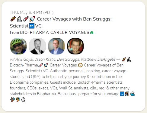 OpenDoorsGroup's tweet photo. Today at 7 pm ET on Clubhouse...hear @BenScruggs  career voyage from Scientist to VC.....

Not on Clubhouse yet!...skip the waiting list use this link to join. https://t.co/D5ExpvqIsg https://t.co/CCtnkggCK9