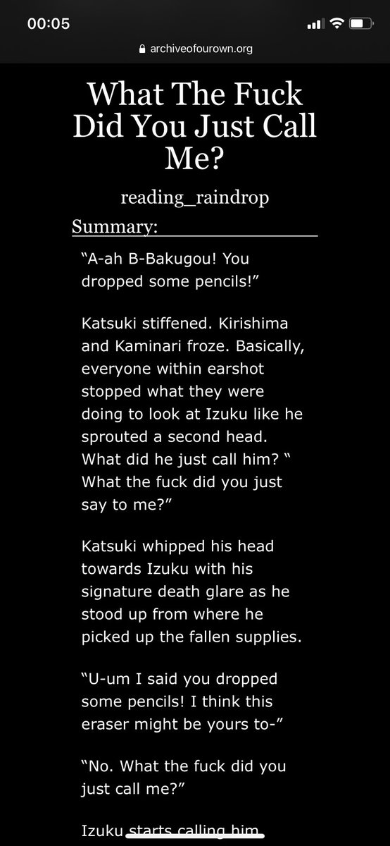 What The Fuck Did You Just Call Me? by reading_raindropDeku starts calling Bakugou by his surname and our boom boom boi doesn't like itit's funny and extremely cute10/10 https://archiveofourown.org/works/16122836/chapters/37665152