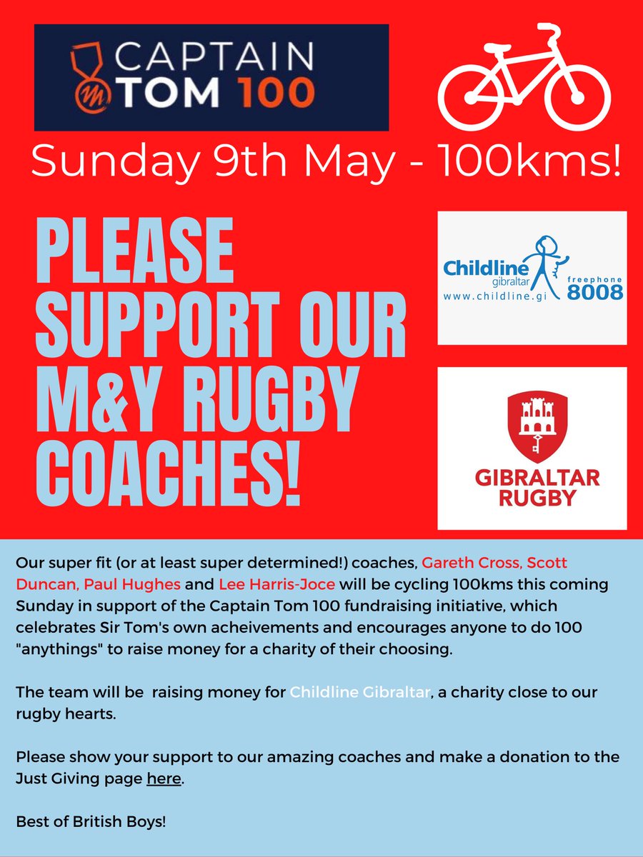 Please support our M&amp;Y #GibraltarRugby coaches who are digging deep and cycling 100 kms this coming Sunday to raise funds for <a href="/ChildlineGib/">Childline Gibraltar</a> as part of the #CaptainTom100 initiative. Read more in the image and please donate whatever you can here :-) justgiving.com/fundraising/ca…