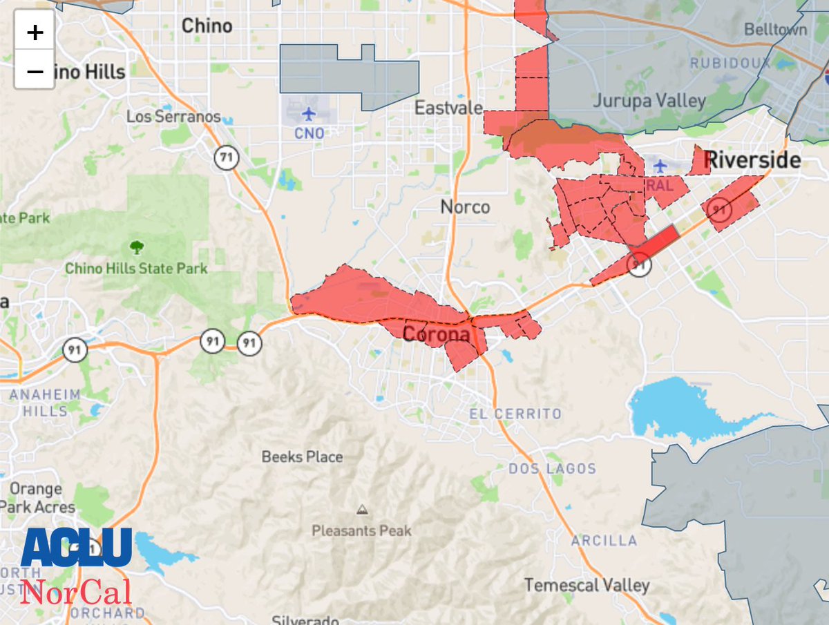 Town and city centers around the state frequently show up in red; apparently because these pockets of poverty are surrounded by comparatively wealthier and healthier areas. Here are Eureka, San Jose, and Corona, California. 7/